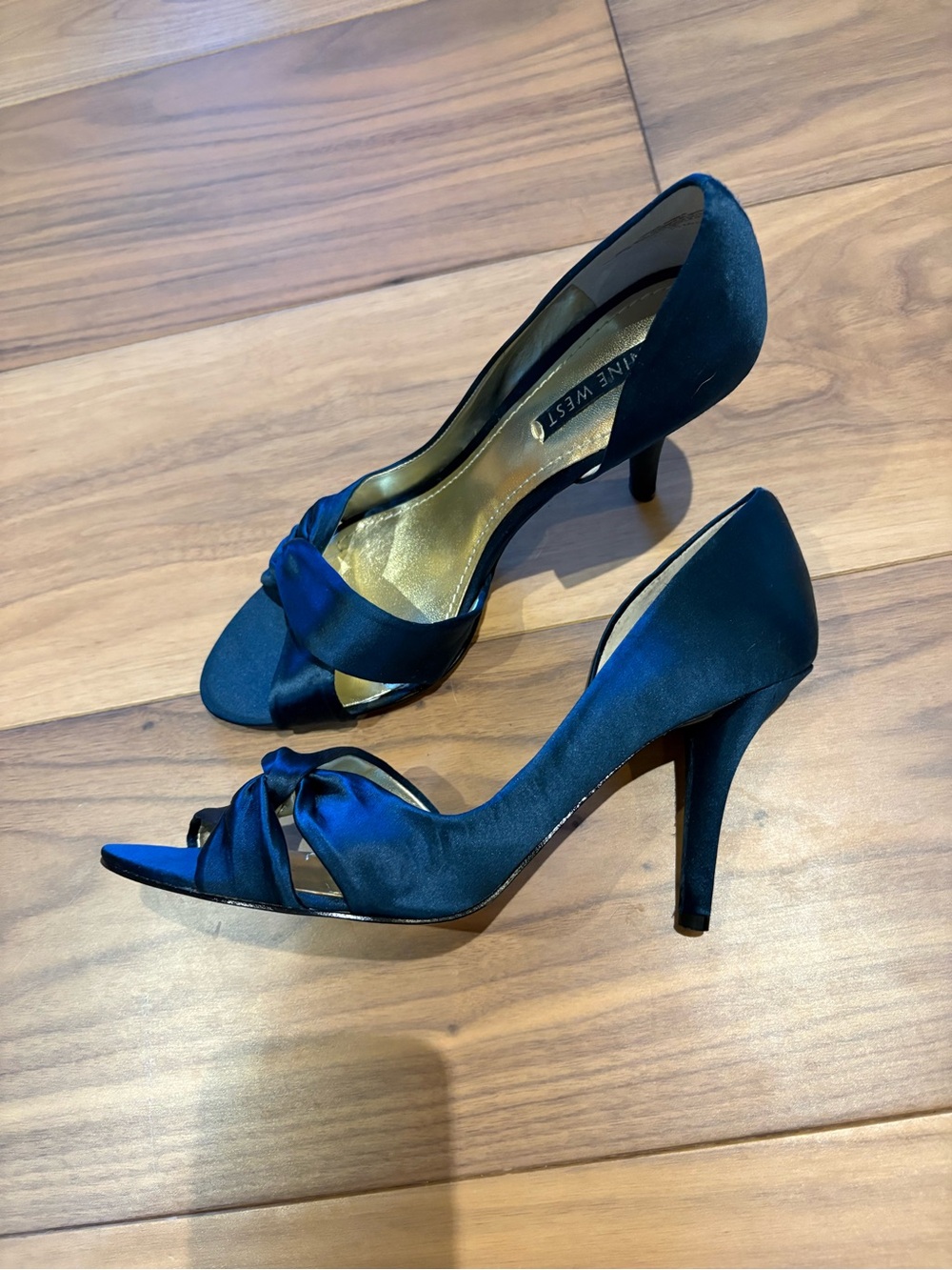 Nine West Navy Satin Peep-Toe Knot Heels